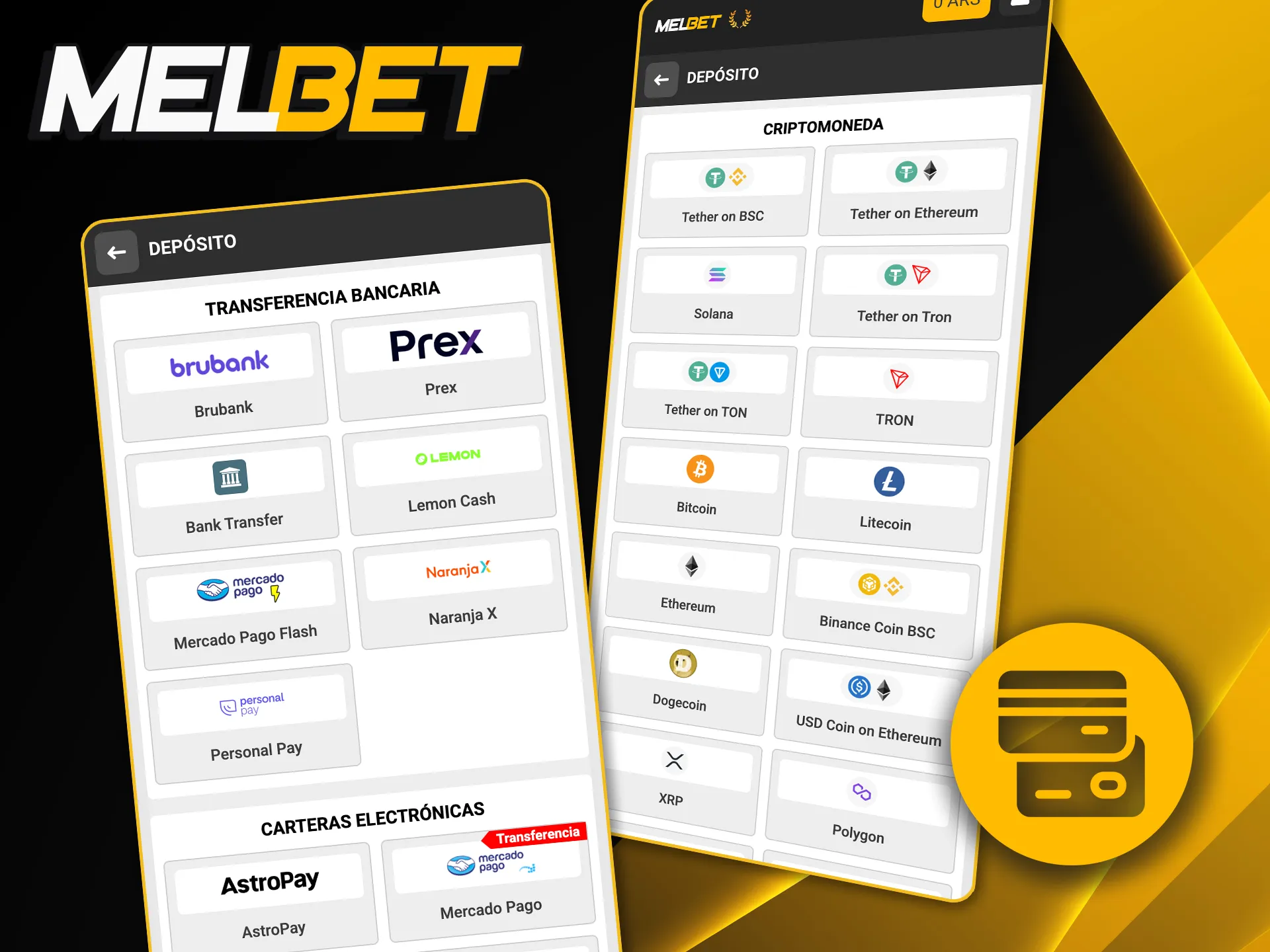 Lista de métodos locales como billeteras virtuales y transferencias para usar dentro de la app Melbet.
