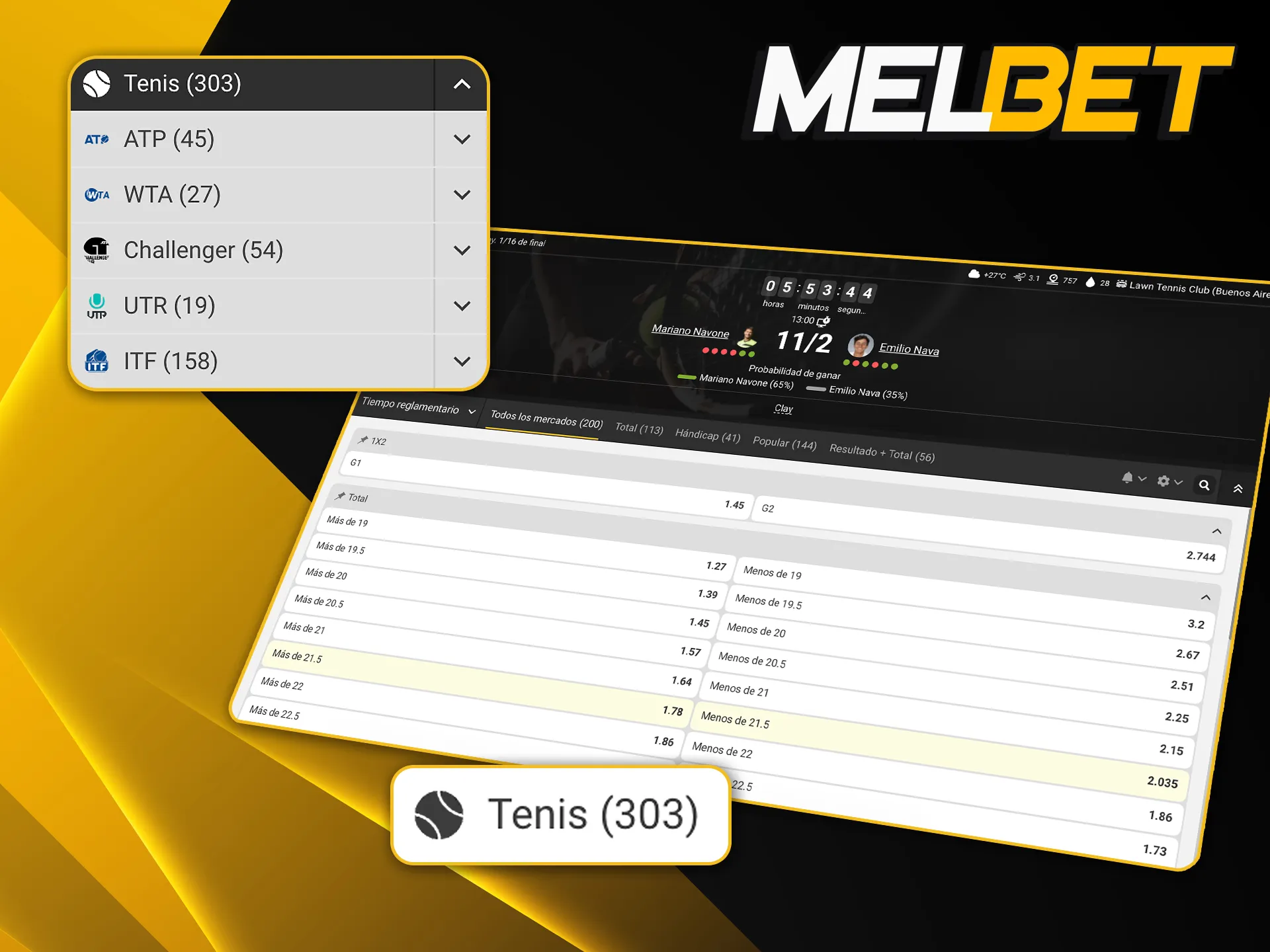 Mercados de apuestas para torneos de la ATP, WTA y Grand Slams disponibles durante todo el año en Melbet.