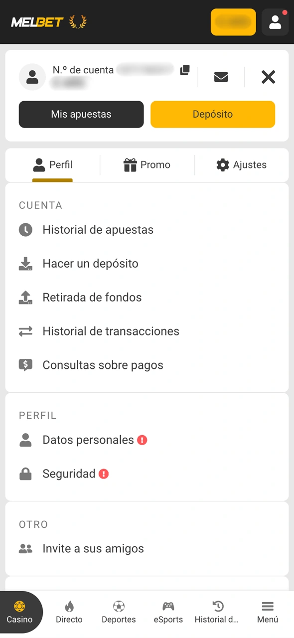 Una vez logueado, gestioná tus apuestas, depósitos y retiros desde el menú de Melbet.