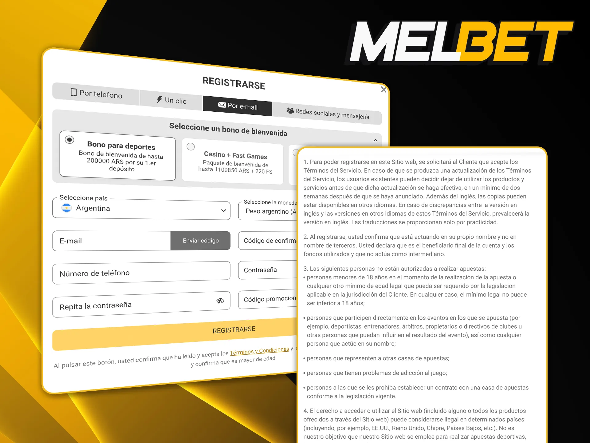 Información legal y datos necesarios para darte de alta como usuario en Melbet.