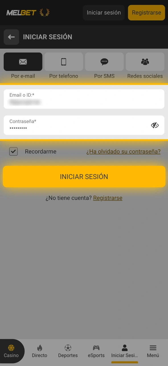 Accedé con tu usuario y contraseña al panel personal de Melbet.